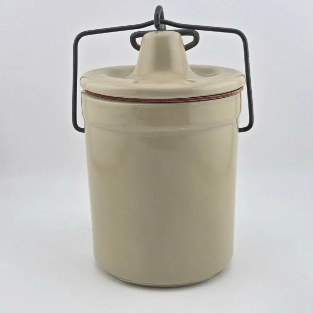 Stoneware Cheese Butter Crock Cream Glazed Wire Bail Latch Locking Lid 4